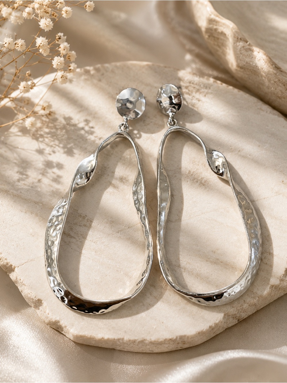 Silver Hammered Hoop Drop Earrings - Women Jewelry